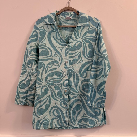 Women’s vintage IcantooTeal Patterned Button-Up linen tunic Shirt size small - Picture 1 of 4